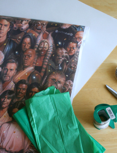 supplies need to make Schultüte (Star Wars paper, tissue paper, scissors, tape)