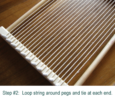 Looping string around pegs for weaving 