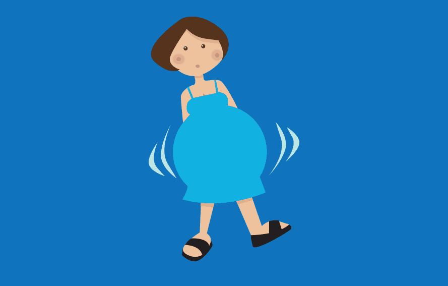 cute illustration of pregnant woman in blue dress levitating