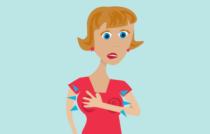 illustration of woman touching sore breasts because she is pregnant