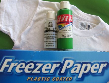 supplies for making shamrock t-shirt (paint, t-shirt, freezer paper)