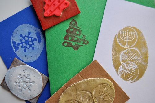 assortment of handmade holiday stamps 