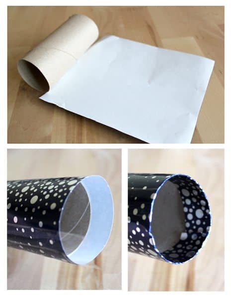 Gluing wrapping paper to toilet paper roll tubes