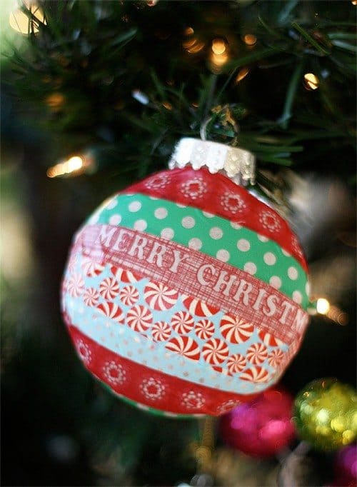 washi tape christmas ornament hanging from tree