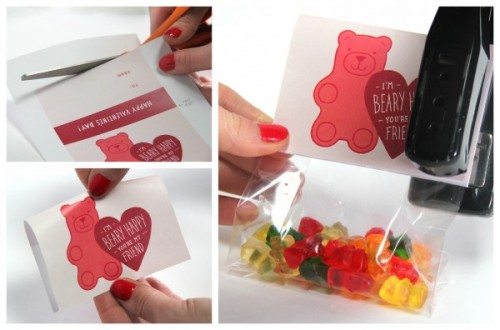 three photos showing how to assemble red Gummy bear bag topper with assorted gummy bear treats 