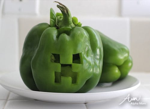Minecraft Creeper Jack O' Lanterns (bell pepper) by Alphamom.com