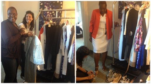 two photos of Rose Murphy getting a Style Makeover in front of a rack of clothing