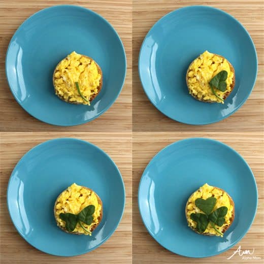 eggs on a plate with clover shaped spinach 