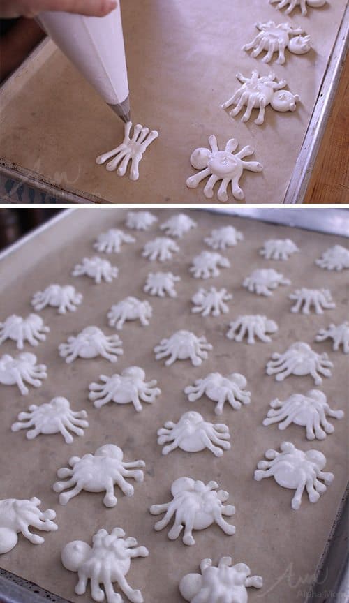 Meringue Ghost Spider Treats for Halloween (piping instructions) by Brenda Ponnay & Mixed Bakery for Alphamom.com