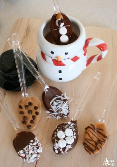 a variety of chocolate covered spoons for dipping into hot chocolate 
