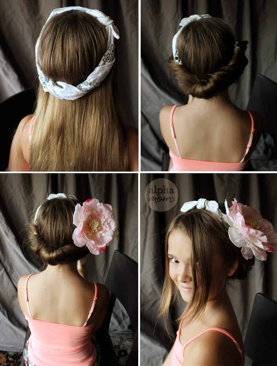 Five-Minute Kids' Holiday Fancy Up-Do Hair (with a bandana & fake flower) 