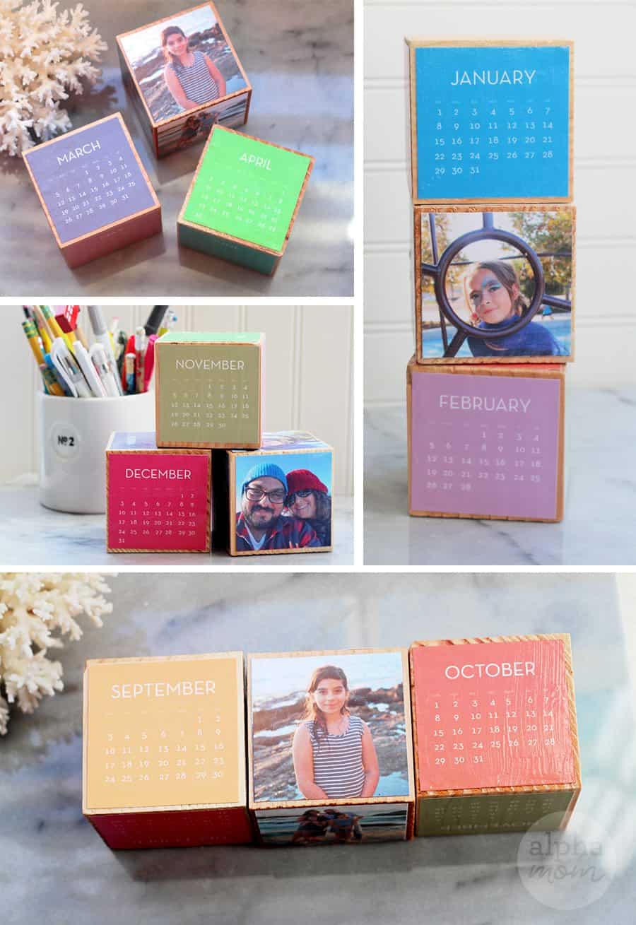 four pictures showing different arrangements of wooden cube with photos and colorful monthly calendars