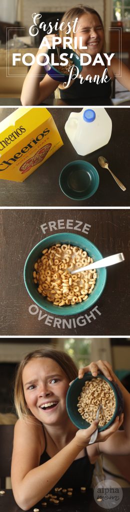 four photos on top of each other forming a gallery with a blond girl holding bowl of frozen Cheerios and the typeface Easiest April Fools' Day Prank  
