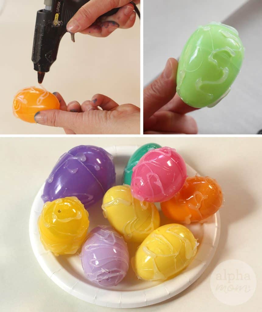 hot gluing plastic eggs