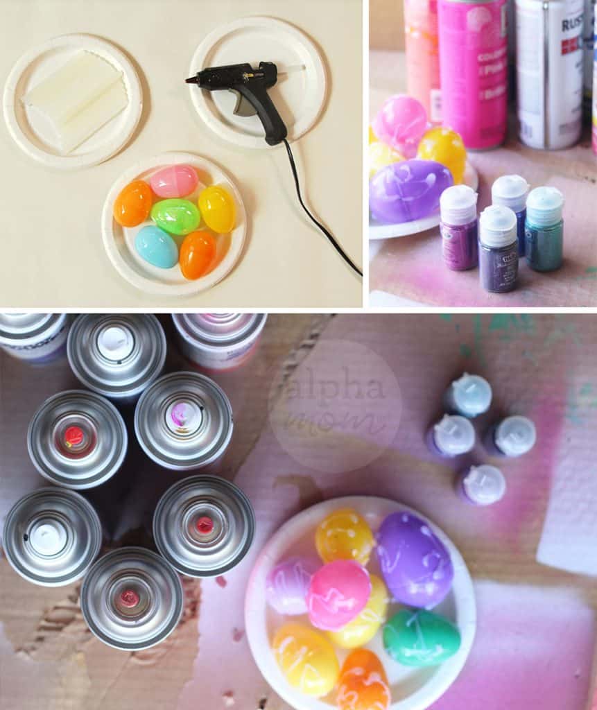 supplies for dragon Easter eggs (spray paint, plastic eggs, paint, hot glue gun)