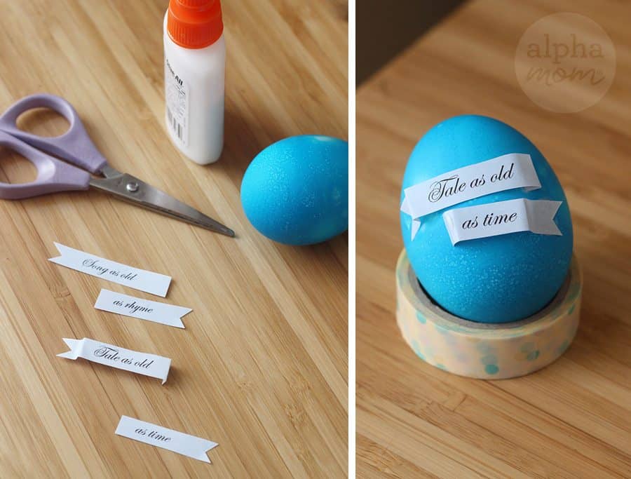 small pieces of paper with song lyrics being glued to Easter egg 