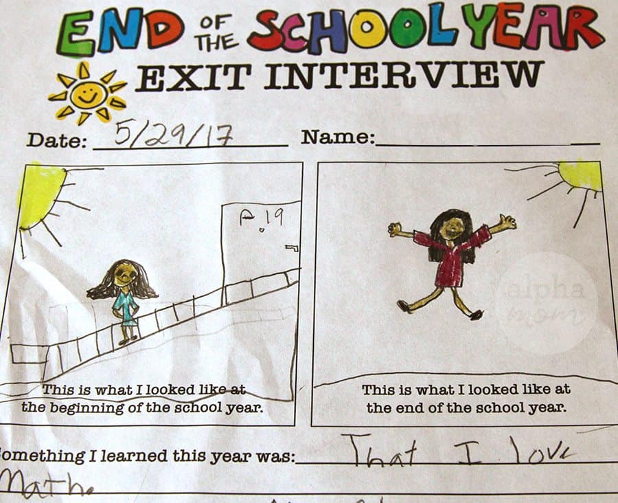 End of the School Year Exit Interview printable that has been filled out and colored in by children 