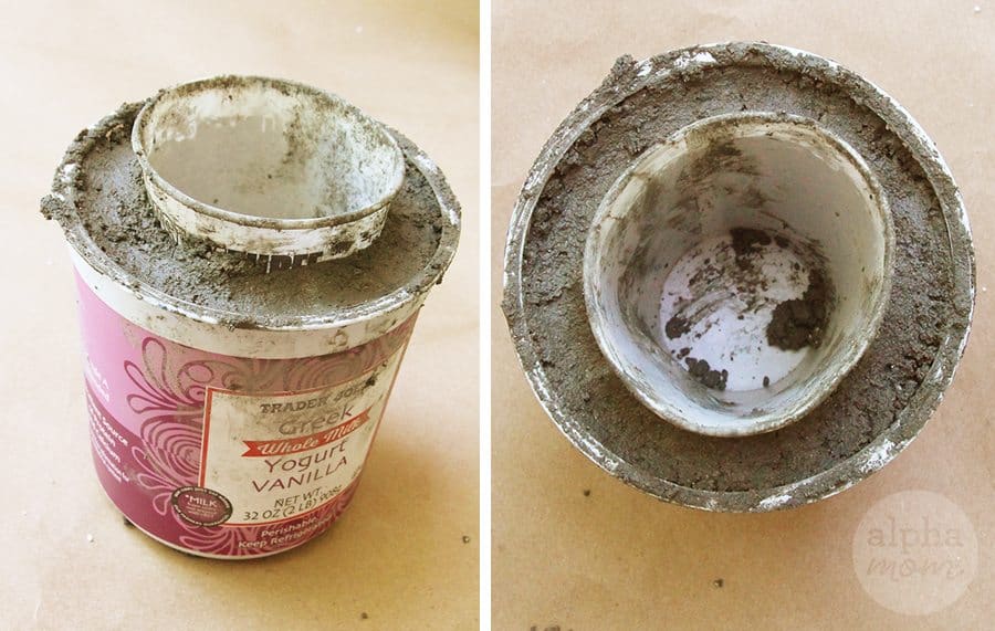 yogurt cup used as a mold for making a cement planter