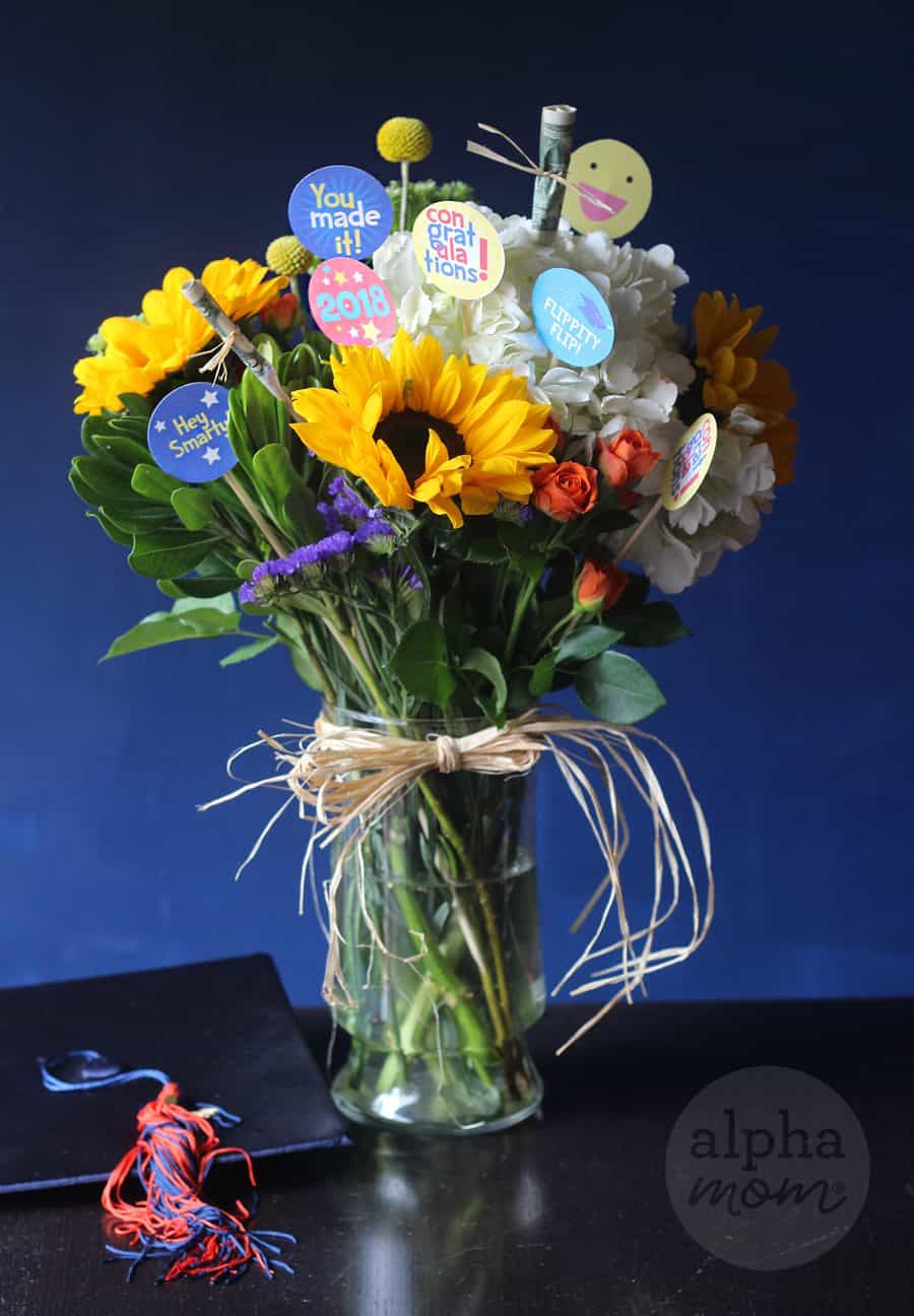 Homemade Graduation Flower Bouquet with encouraging messages and money tucked inside