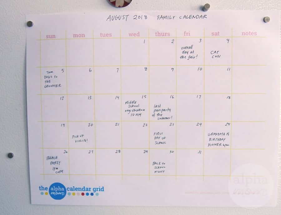 A family calendar filled in with activities 
