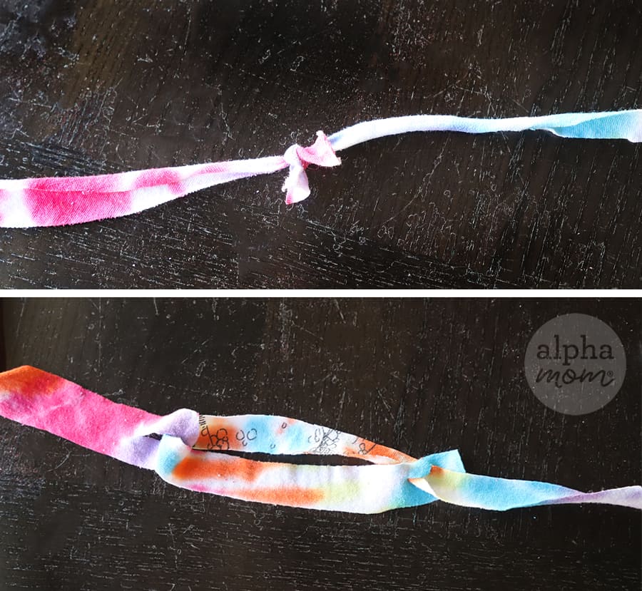 diptych showing strips of tie-dyed t-shirt being woven for upcycled craft project 