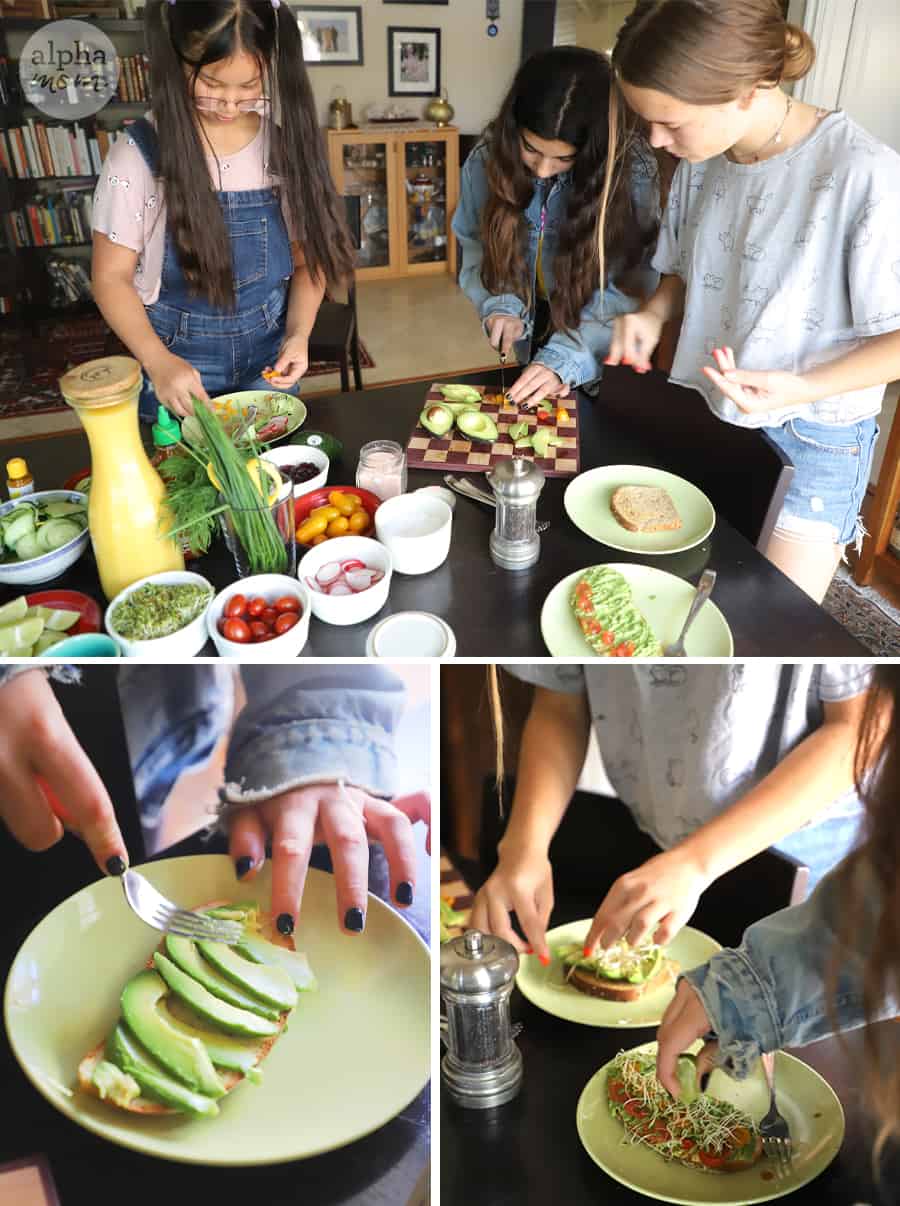 Triptych with top photo of three teen girls making avocado toast, bottom photo of smashing sliced avocado on toast and other bottom photo photo of adding toppings to avocado to toast 