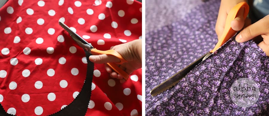 Diptych of cutting cloth white polka dots on red and pink lilacs on purple