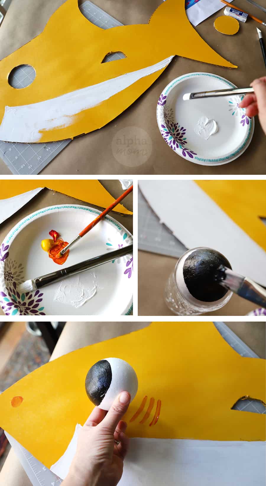 Four photos showing painting details on to cardboard costume for Baby Shark 