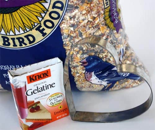 picture of supplies (bird seed, boxed gelatine powder, heart mold) to make Homemade Heart-Shaped Bird Feeder