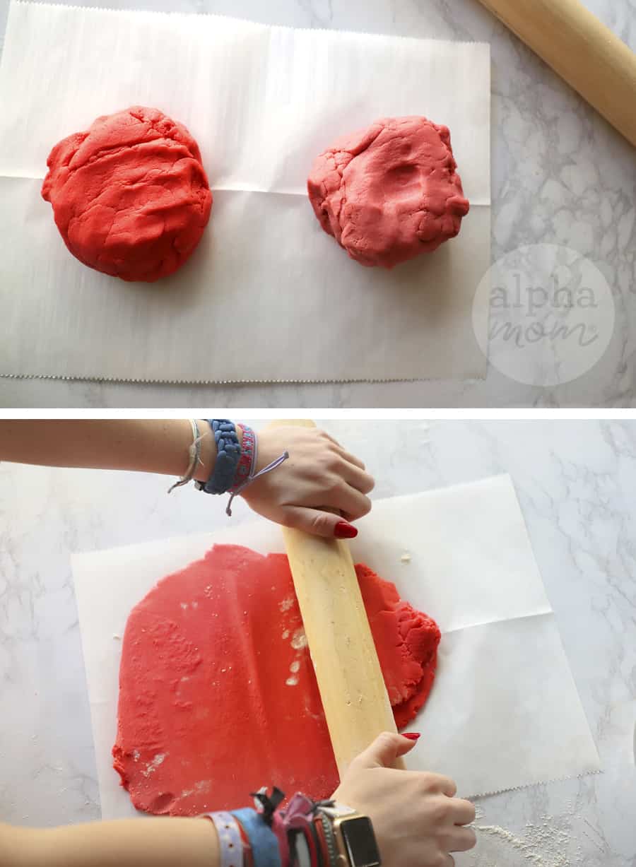 two overhead pictures of red and pink sugar cookie dough being prepared and rolled