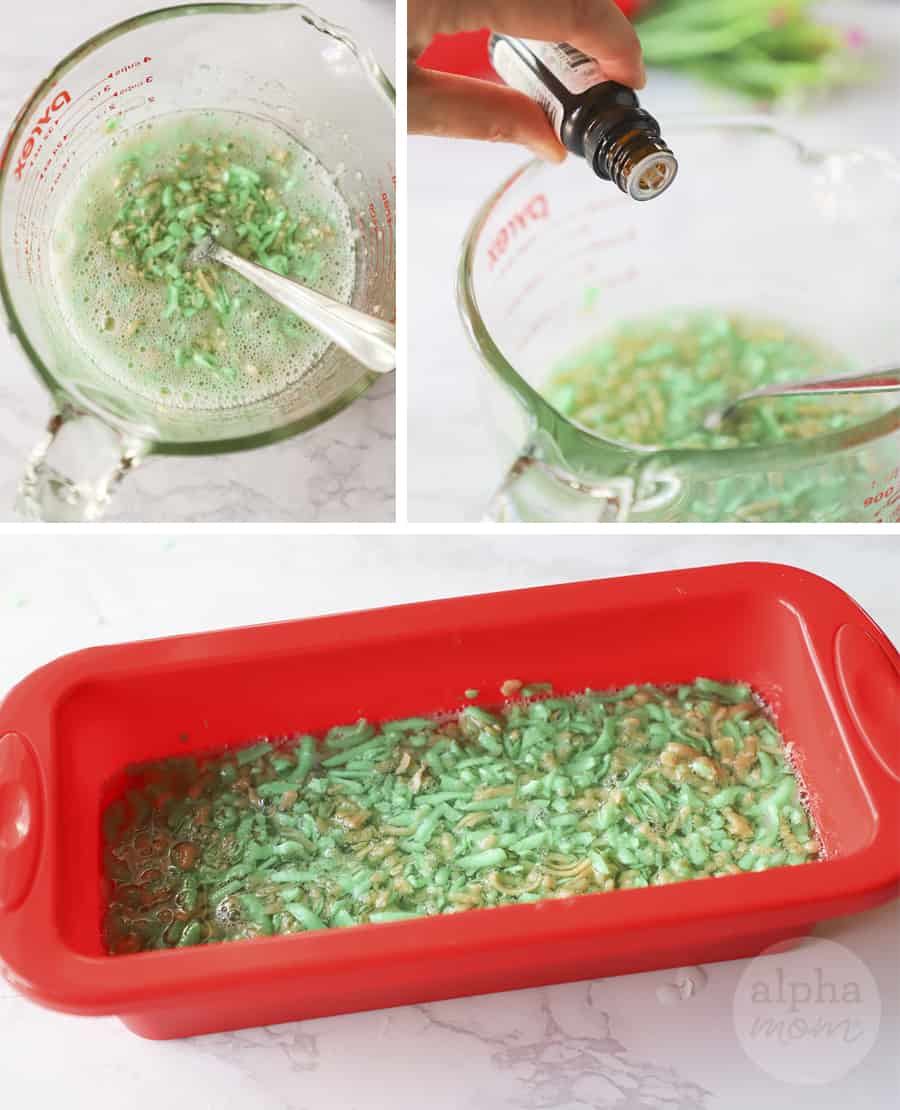 three close-up photos showing shredded soap in pyrex with essential oil being added and then spread out in a red silicone loaf pan 