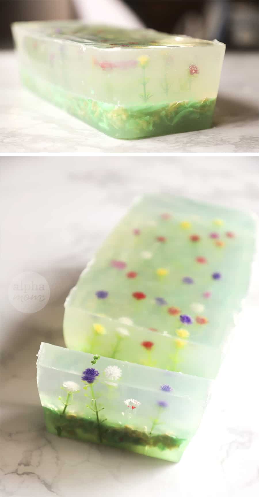 two very close-up photos of loaf of homemade soap with artificial flowers inside of it 