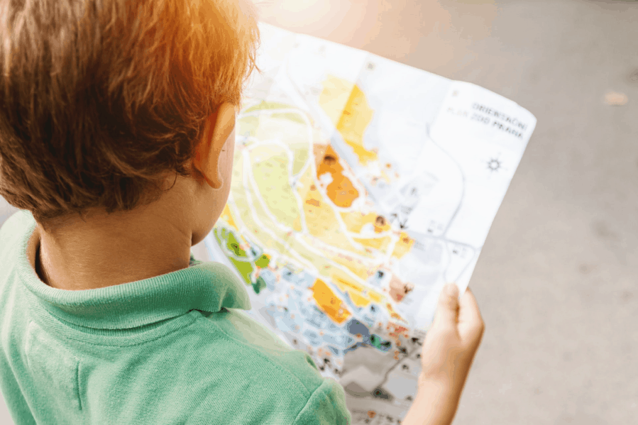 picture from behind of young boy holding and looking at a map