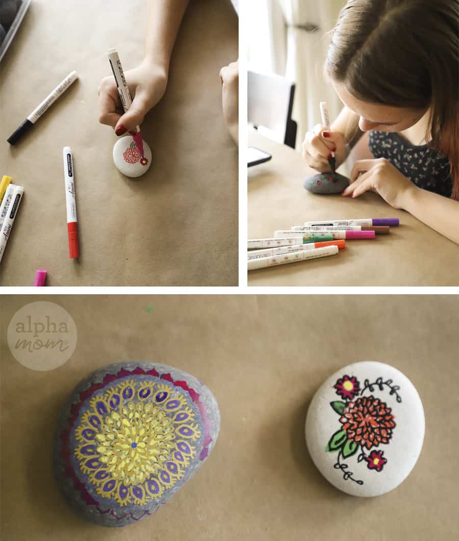 Three photos of drawing flowers onto river rocks using paint pens