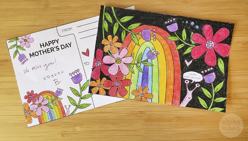 front and back views of a colored-in Happy Mother's Day postcard with rainbows flowers and snail 