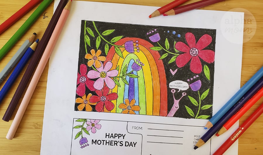 close-up picture of both sides of Mother's Day postcard with rainbow flowers and snail colored in with colored pencils