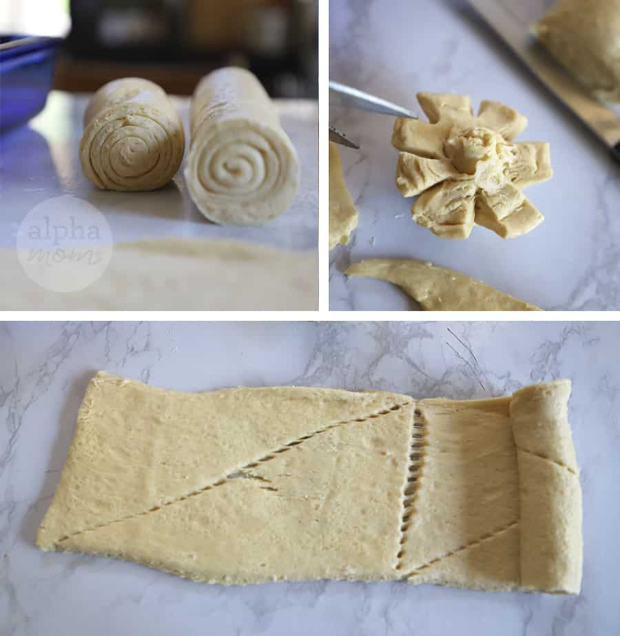 three close-up photos of crescent roll dough and being cut into daisy flower shape 