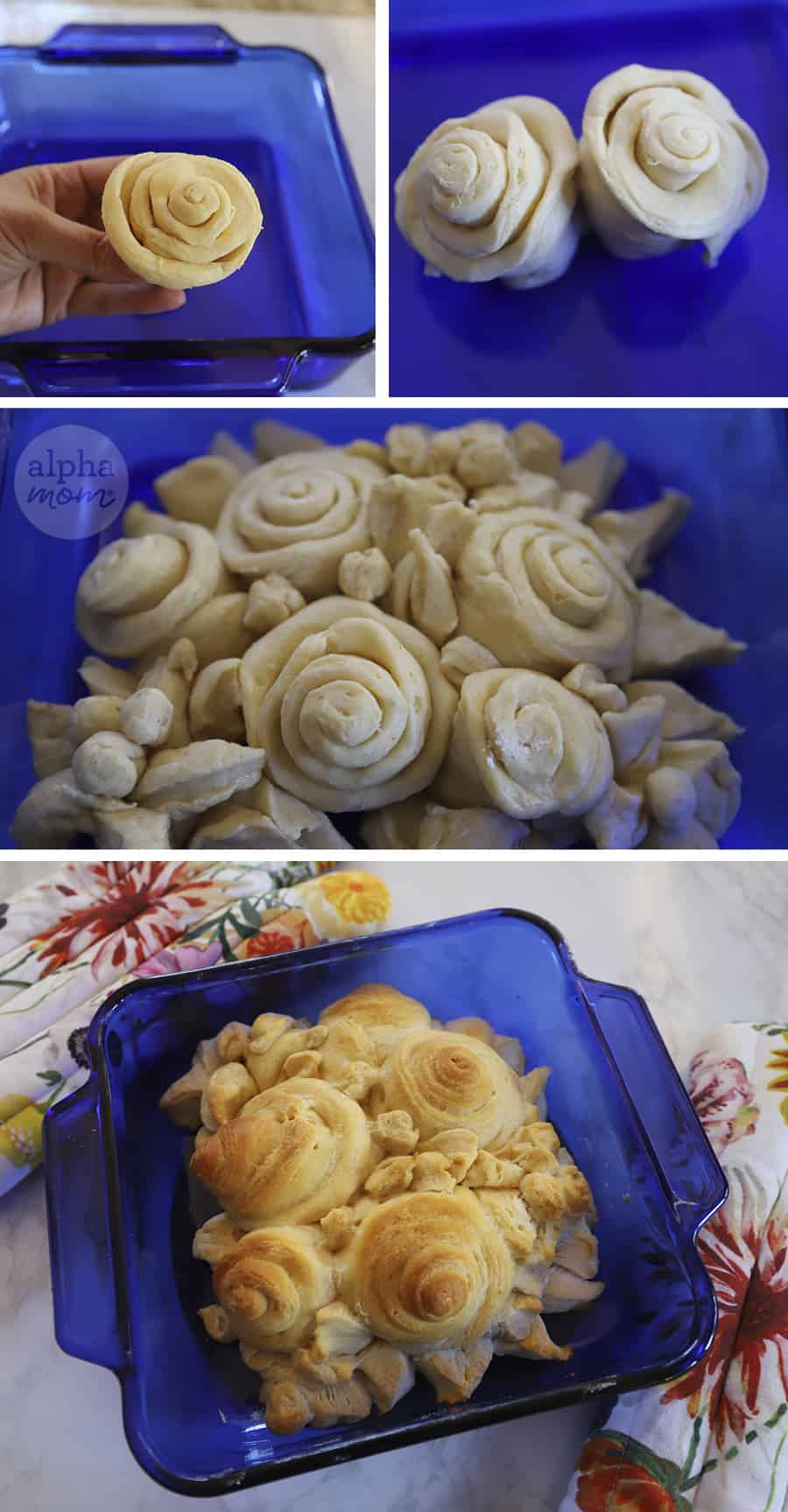 four photos of crescent roll dough shaped into rose flowers and placed into blue baking dish