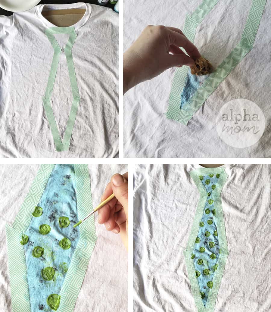 Four overhead photos of painting light blue fabric paint onto white t-shirt to make a tie shape 