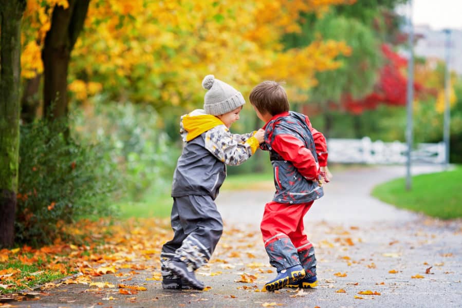 Two children, fighting over toy in the park on a rainy day, autumn time