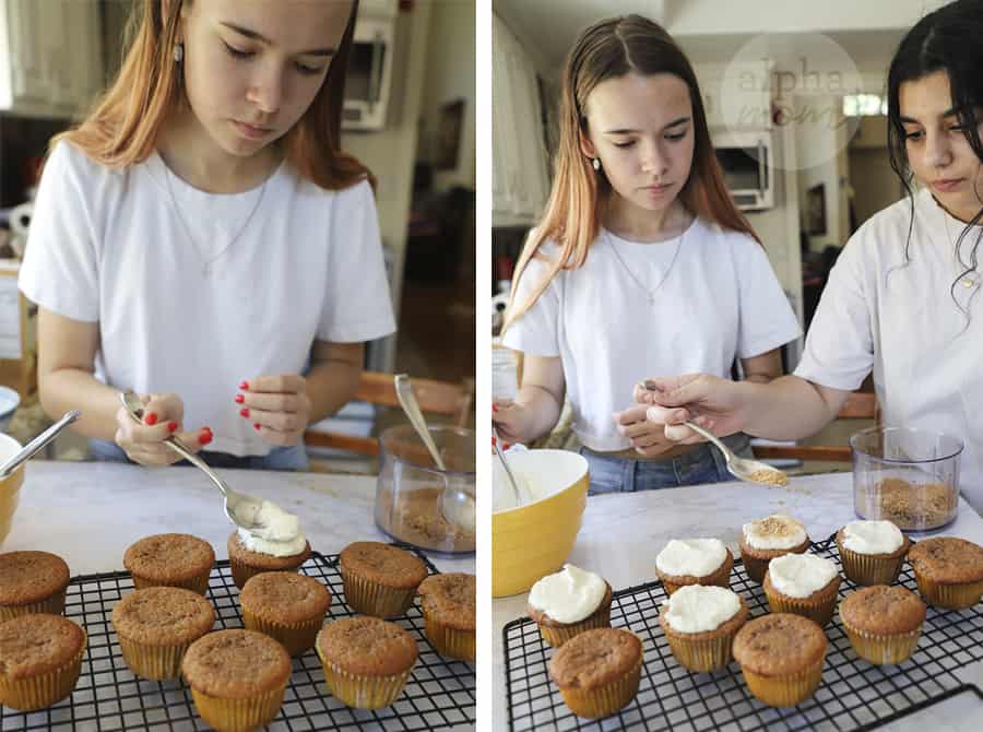 two photos showing teen girls frosting cupcakes with buttercream and topping with crushed graham crackers