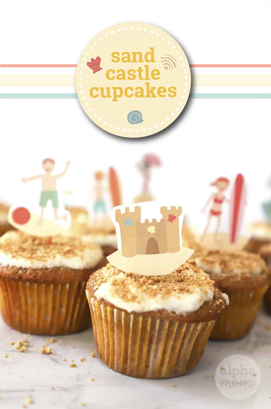 Beach-themed Cupcakes decorated with illustrated toppers and announcing "sandcastle cupcakes" 