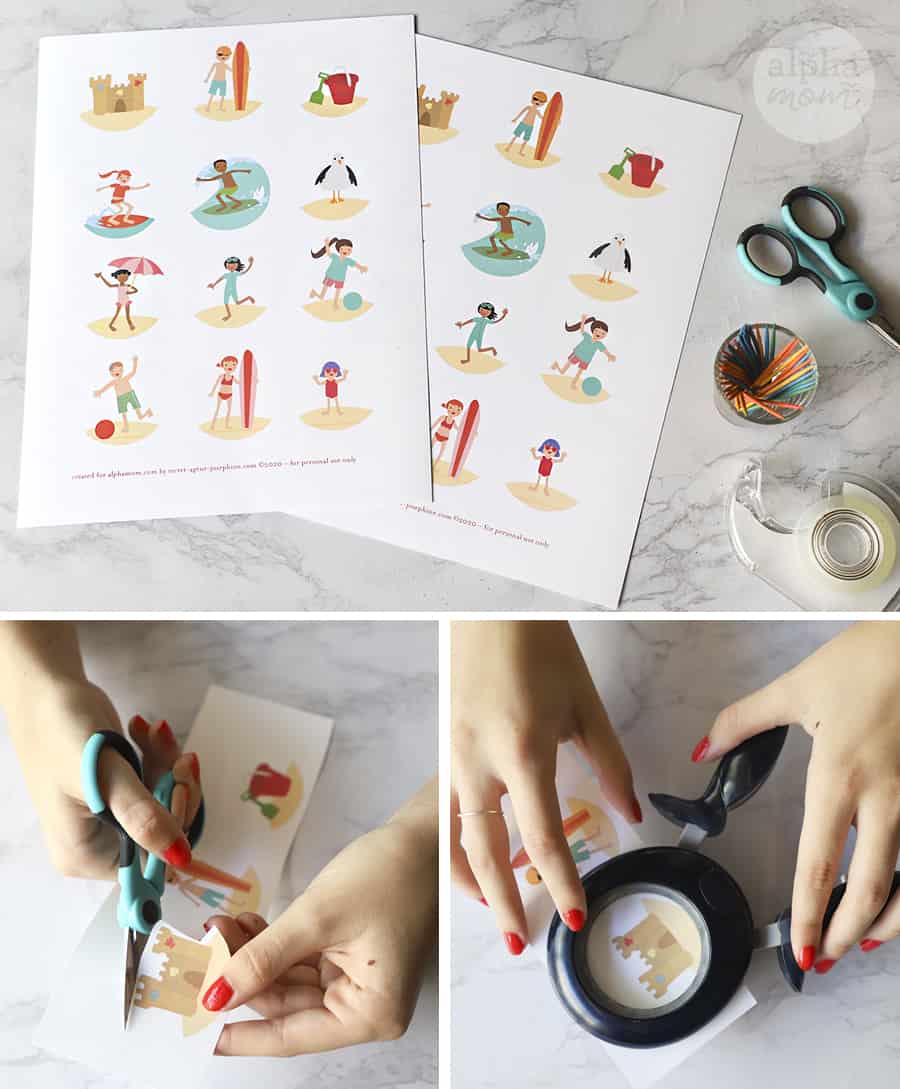 three overhead photos of illustrations of beach scenes being turned into cupcake toppers 