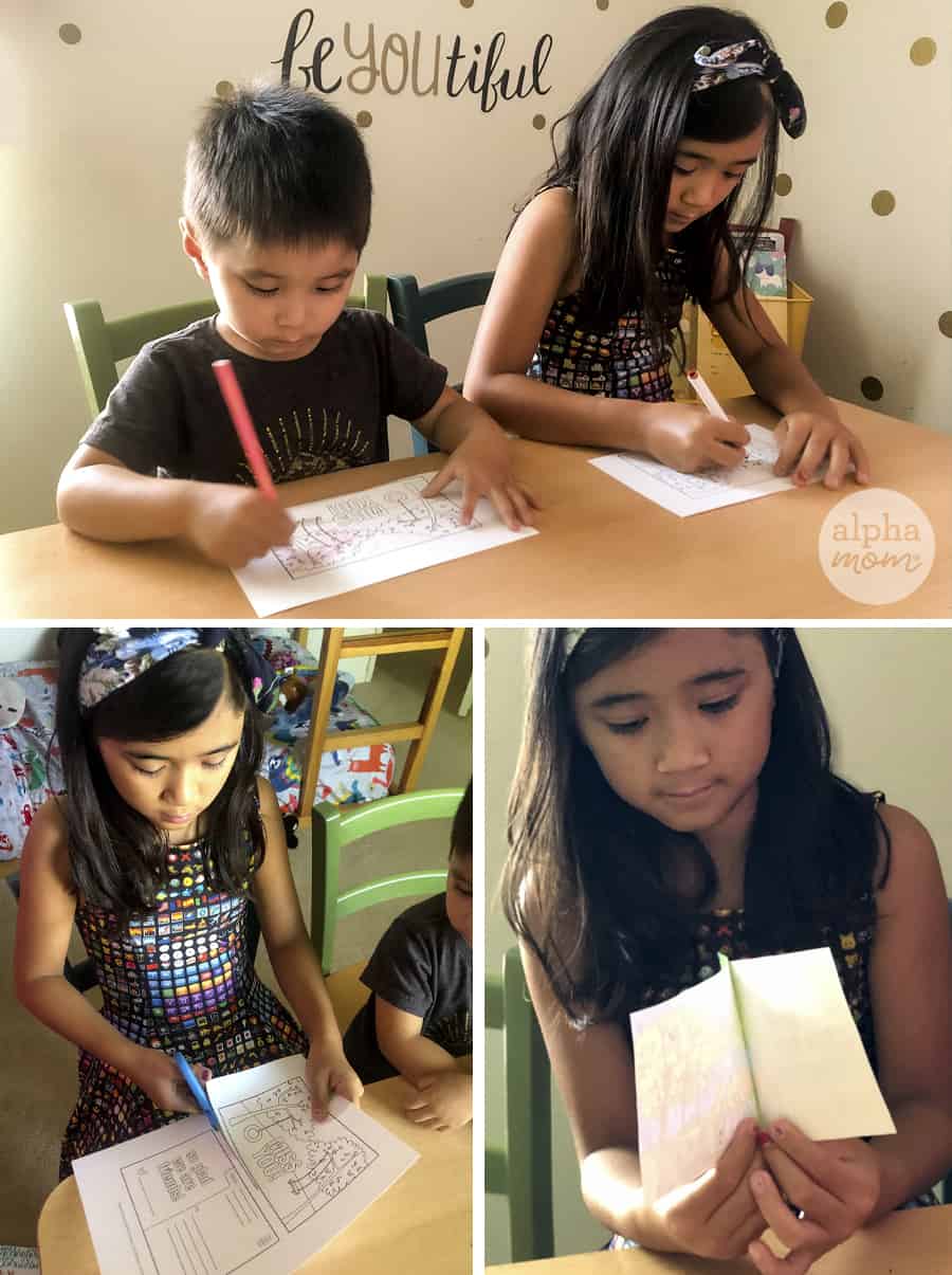 three pictures showing little boy and girl coloring and making a printable postcard to mail to their friends 