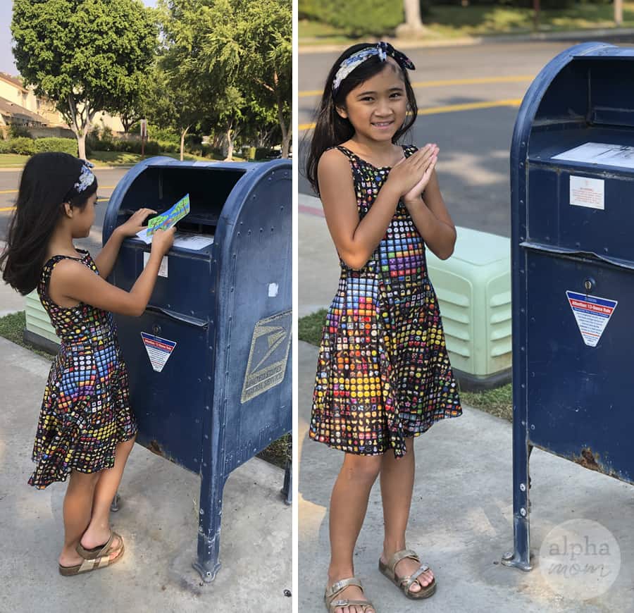 2 pictures of a school-age girl at a mailbox, mailing her homemade postcard to a friend