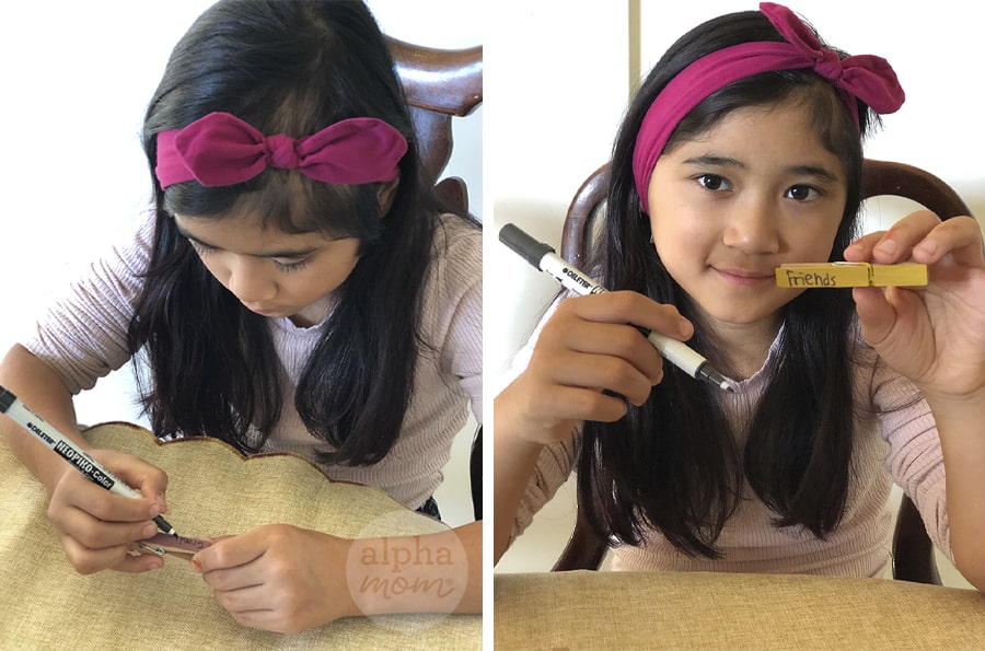 two close-up photos of girl writing the word Friends onto a wooden clothespin
