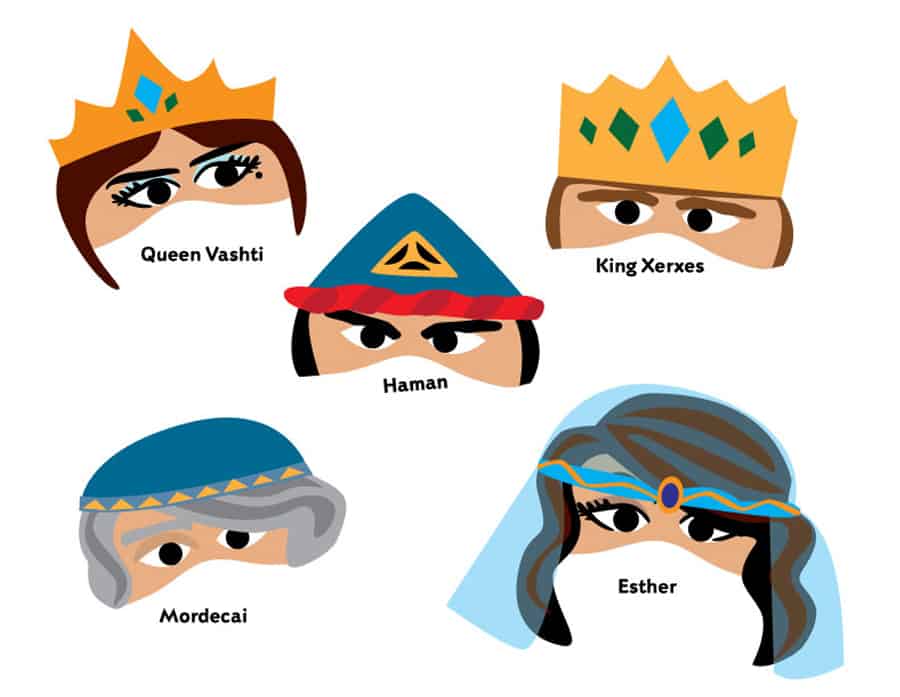 illustrations of partial face masks covering eyes of printable masks for kids of characters in the Purim story including Queen Vashti, Haman ,King Xeres, Mordecai, and Esther