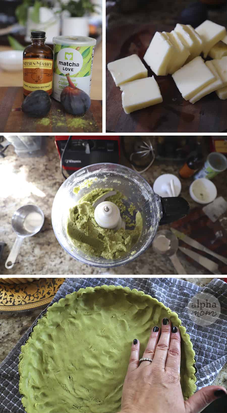 four photos showing how to make the green crust for a matcha fruit tart. photo of figs and matcha powder and almond extract; lots of sliced butter; overhead photo of ingredients making green matcha crust in food processor; photo of woman's hand pressing green dough into tart pan 