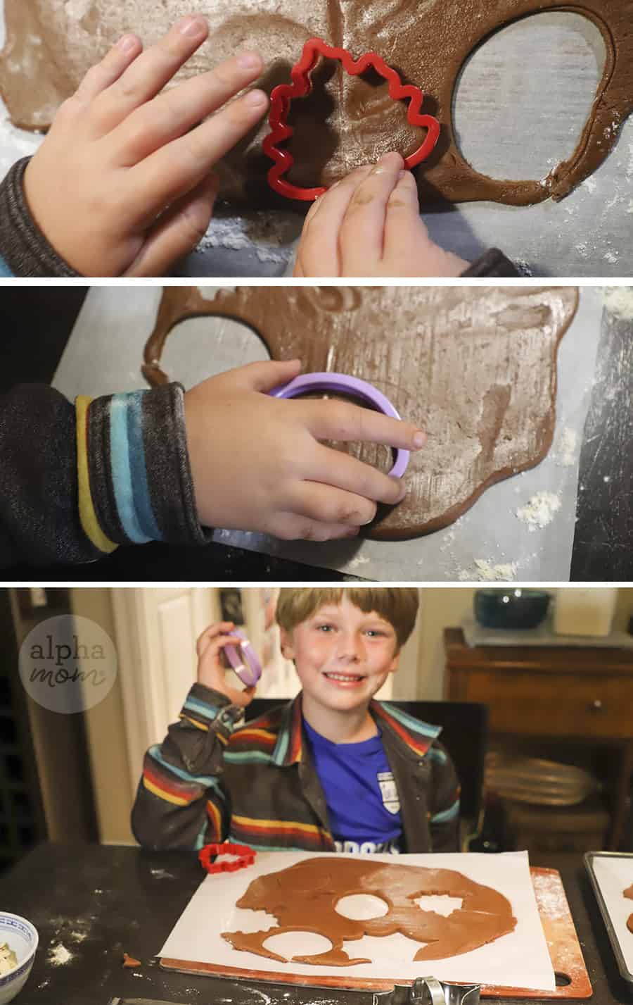 three photos on top of each other showing boy using cookie cutter to cut out shape from chocolatey sugar cookie dough