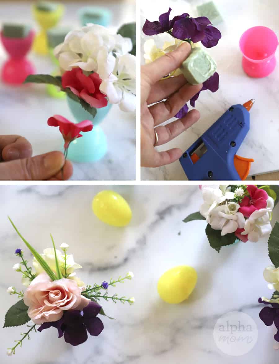 three photo showing how to add fake flowers to tiny vase made of plastic Easter eggs